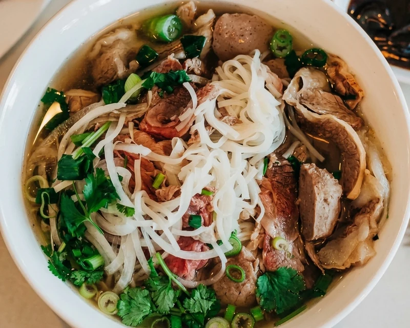 Sliced rare beef and beef ball pho rice noodle soup at Ha Long Bay Vietnamese Cuisine, Calgary
