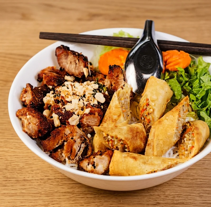 Vermicelli with charbroiled chicken and spring rolls at Ha Long Bay Calgary