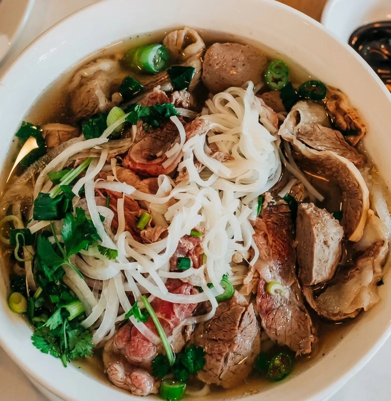 Sliced rare beef and beef ball rice noodle soup (pho) in downtown Calgary