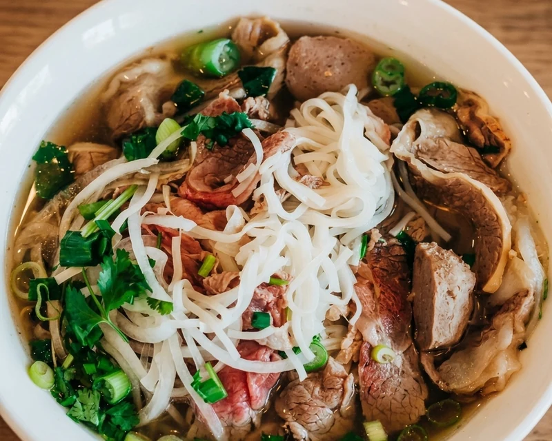 Sliced rare beef and beef ball rice noodle soup (pho) at Ha Long Bay in downtown Calgary