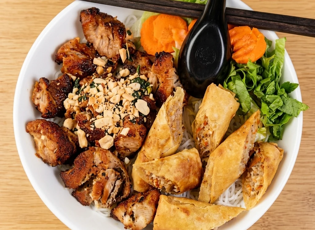 Vermicelli bowl with charbroiled chicken and spring rolls at Ha Long Bay Vietnamese Cuisine, downtown Calgary